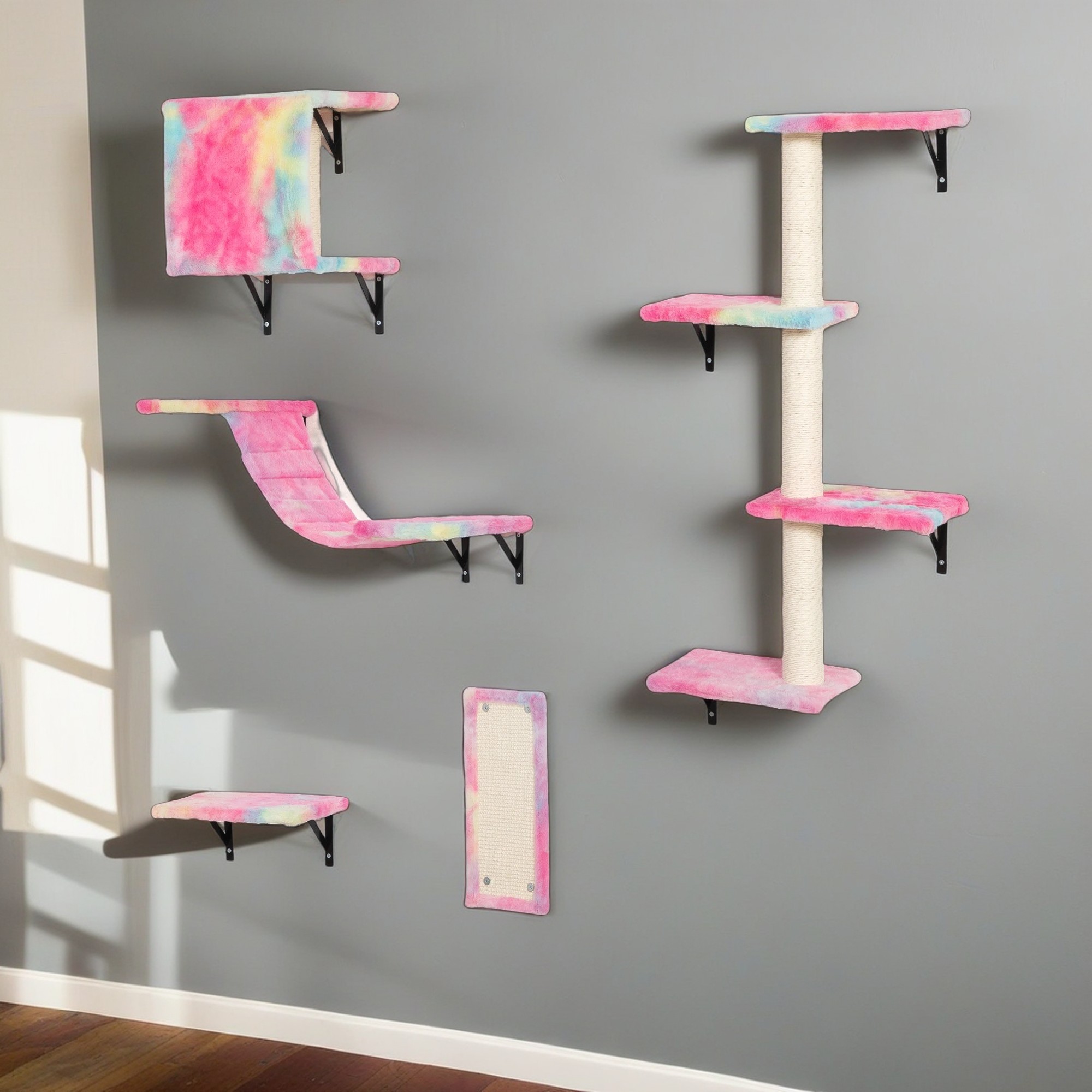 resenkos 5 Set Cat Wall Shelves and Perches, Cat Tower for Adult Cats, Mounted Cat Tree House, Indoor Cat Sleeping Playing Lounging Climbing, Pink