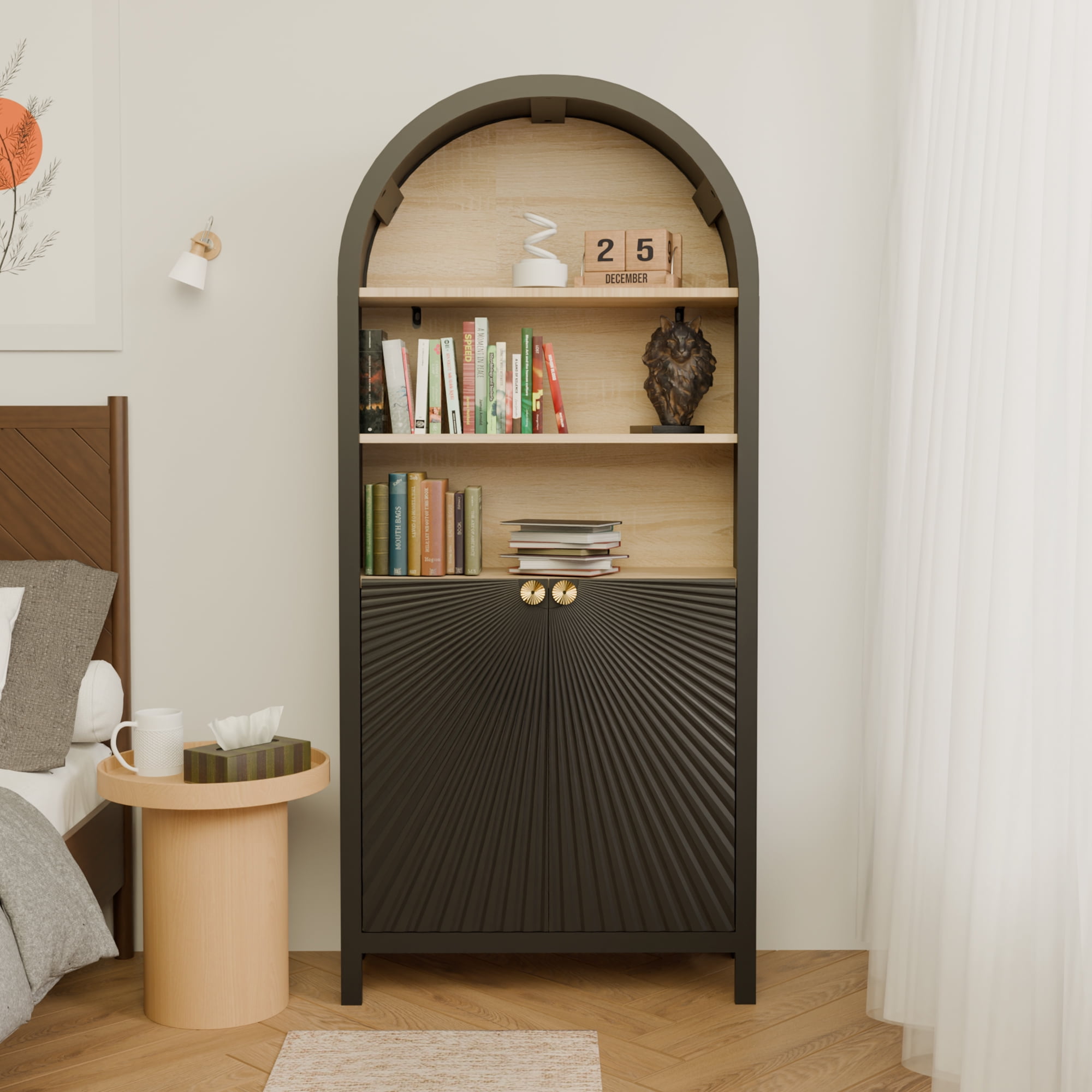 Demi Bonn 5-Tier Arched Bookcase, 61" Tall Wood Bookshelf with Storage Shelves and Door for Living Room, Home Office, Bedroom, Black