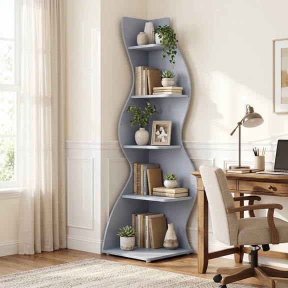 Demi Bonn 5-Tier Corner Bookcase, Wood Bookshelf Storage Organizer, 70" Tall Display Standing Shelf Unit for Bedroom, Living Room, Blue