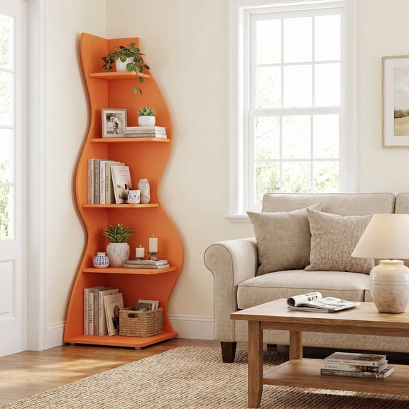 Demi Bonn 5-Tier Corner Bookcase, Wood Bookshelf Storage Organizer, 70" Tall Display Standing Shelf Unit for Bedroom, Living Room, Orange