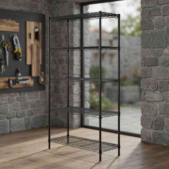 Demi Bonn 5-Tier Heavy-Duty Metal Storage Shelving Unit, 1250 lb Capacity, Height Adjustable V-Shaped Wire Racks for Pantry, Black