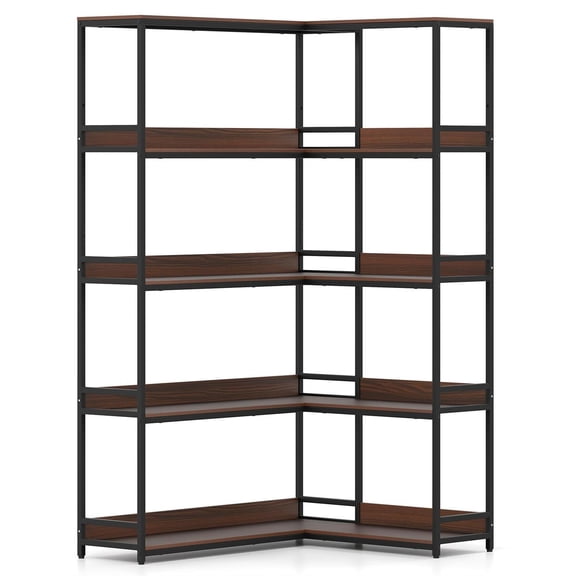 Demi Bonn 5-Tier L-Shaped Corner Bookshelf, Metal Frame, Industrial Style, Etagere Storage, Walnut