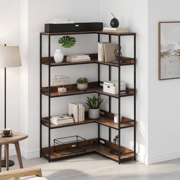Demi Bonn 5-Tier L-Shaped Corner Bookshelf, Metal Frame, Raised Edges, Etagere Storage, Rustic Brown