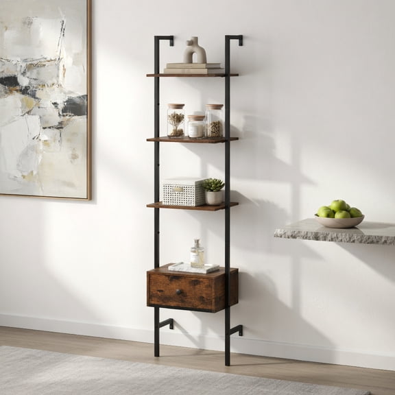 Demi Bonn 5-Tier Ladder Bookcase, Drawer Storage, Metal Frame, Study Home Office Organizer, Rustic Brown
