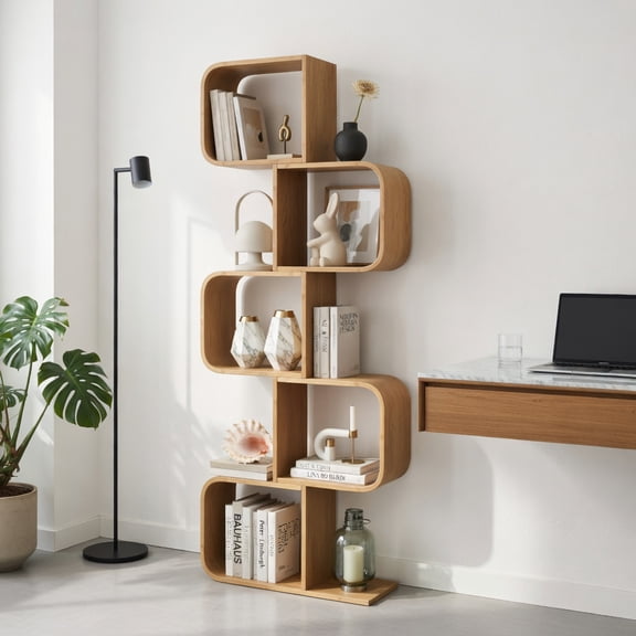 Demi Bonn 5-Tier S-Shaped Bamboo Bookcase 5 Open Cubes Corner Storage Display Shelf Anti-Tipping Eco-Friendly for Living Room Bedroom Office, Natural