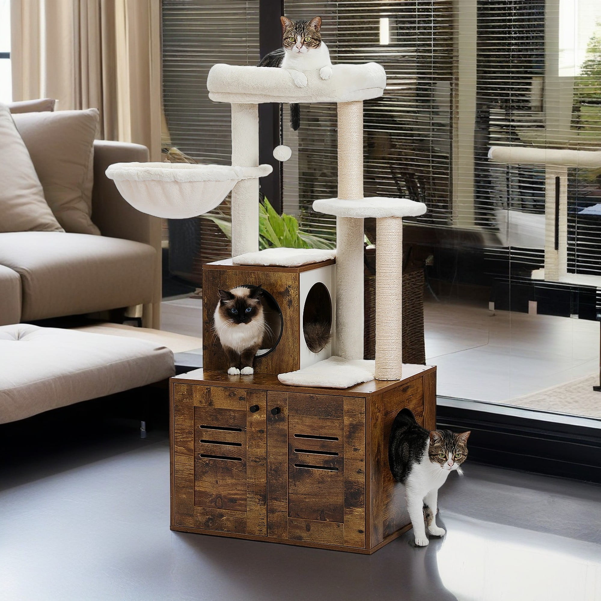 resenkos 50" Cat Tree Tower for Indoor Cats with Hammocks, Multi-Level Cat Condo for Adult Cats Play House Activity Center Cats with Litter Box Included, Brown