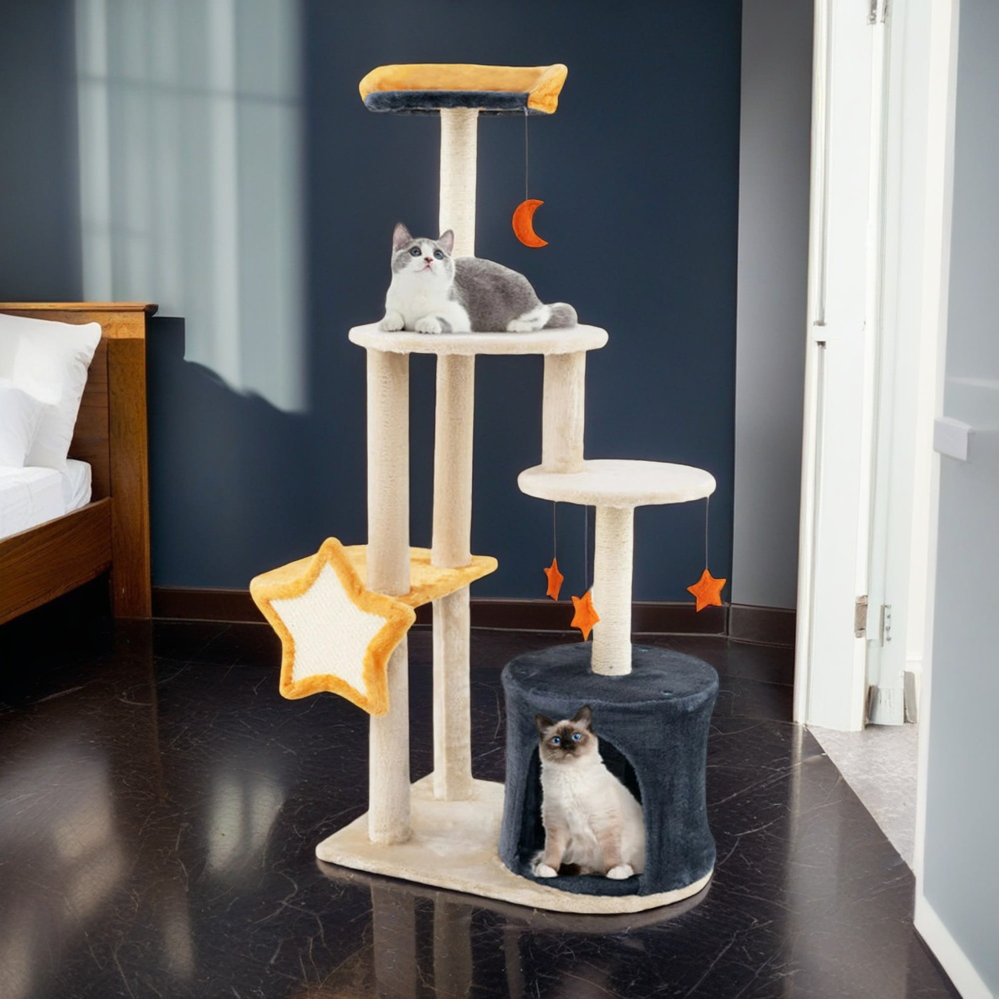 resenkos 50" Could Cat Tree for Indoor Cats, Cat Condo with Cat Scratching Post and Board, Cat Tower for Kitten with Dangling Balls, Beige