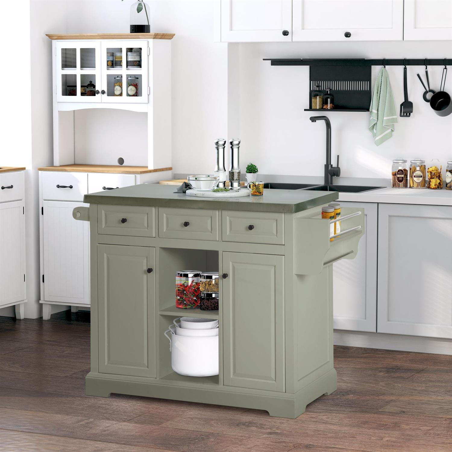 Demi Bonn 50" Kitchen Island with Storage and Stainless Steel Top, Rolling Kitchen Cart with Spice Rack and Drawers for Home Cooking Enthusiasts, Gray