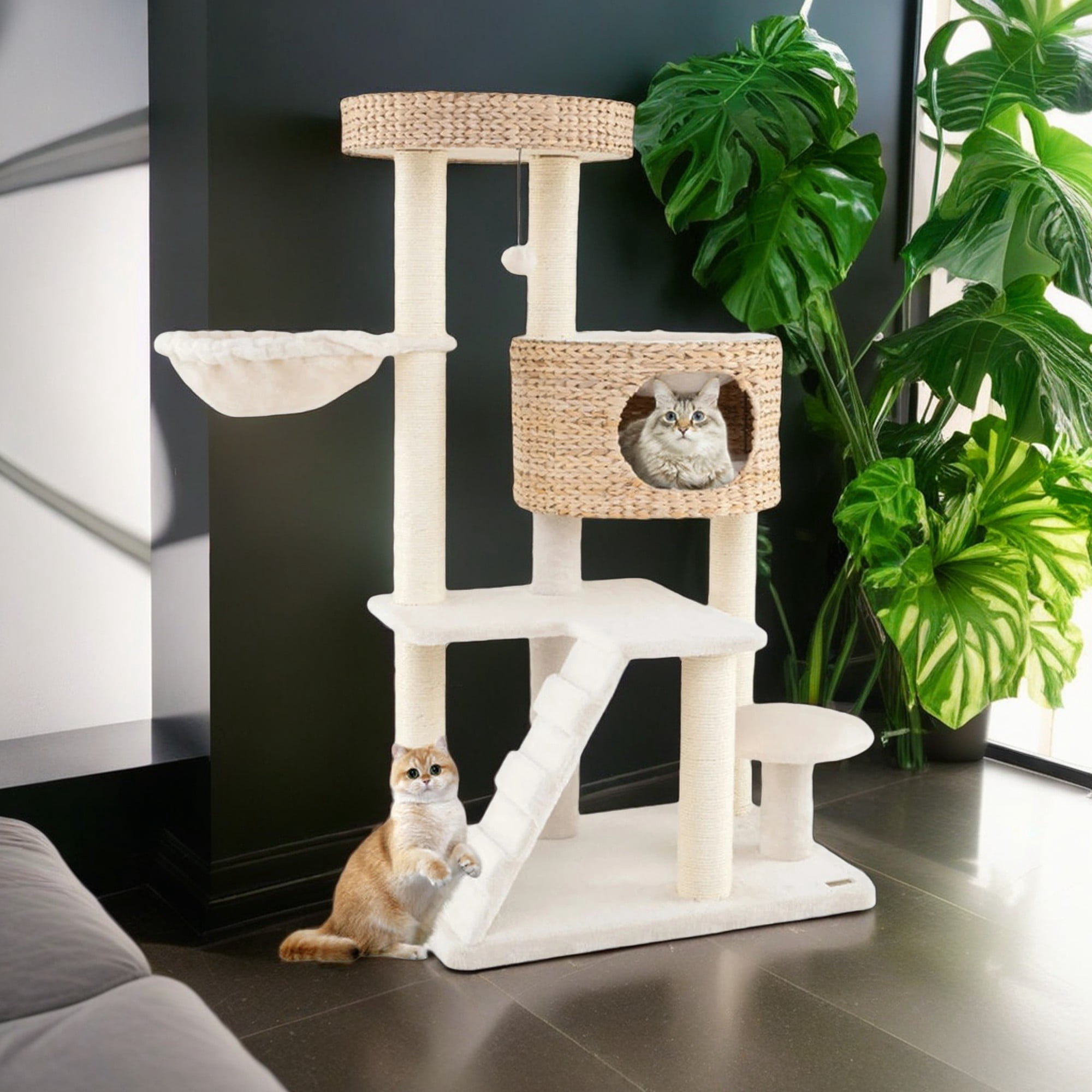 resenkos 50" Modern Cat Tree Tower for Indoor Cats with Cattail Fluff Condo and Top Perch, White