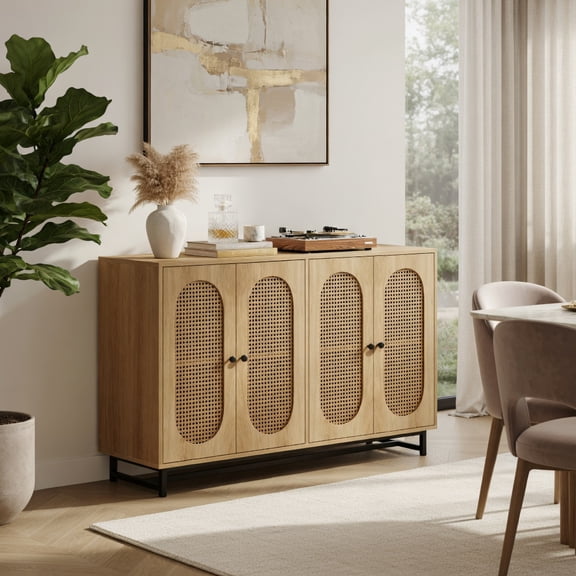 Demi Bonn 50" Rattan Buffet Sideboard,4-Door Adjustable Shelves,Anti-Tip Metal Legs,Natural