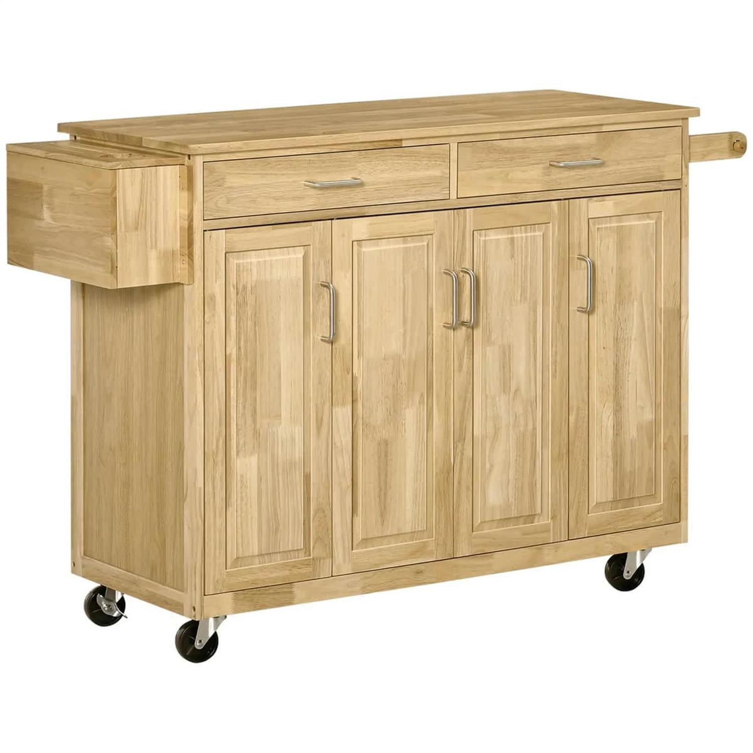 Demi Bonn 50" Rolling Kitchen Island, Natural Hardwood Cart with Drawers & Cabinets, Dining Room Microwave Cart, Wide Storage, Beige
