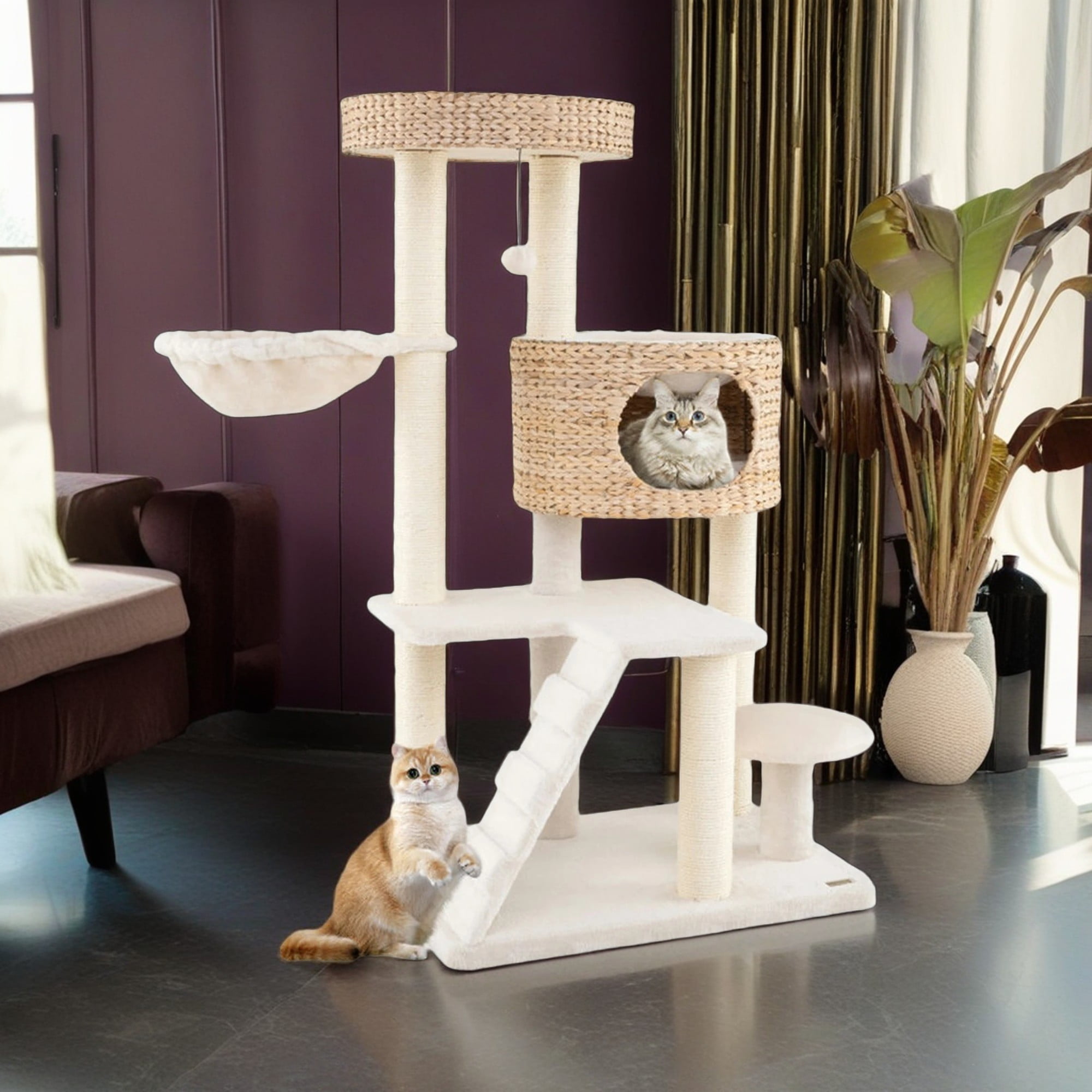 Kadyn 50" Tall Modern Cat Tree for Indoor Cats with Scratching Posts, Hand-Woven Condo and Top Perch, Cat Tower for Kittens Climb Play, White