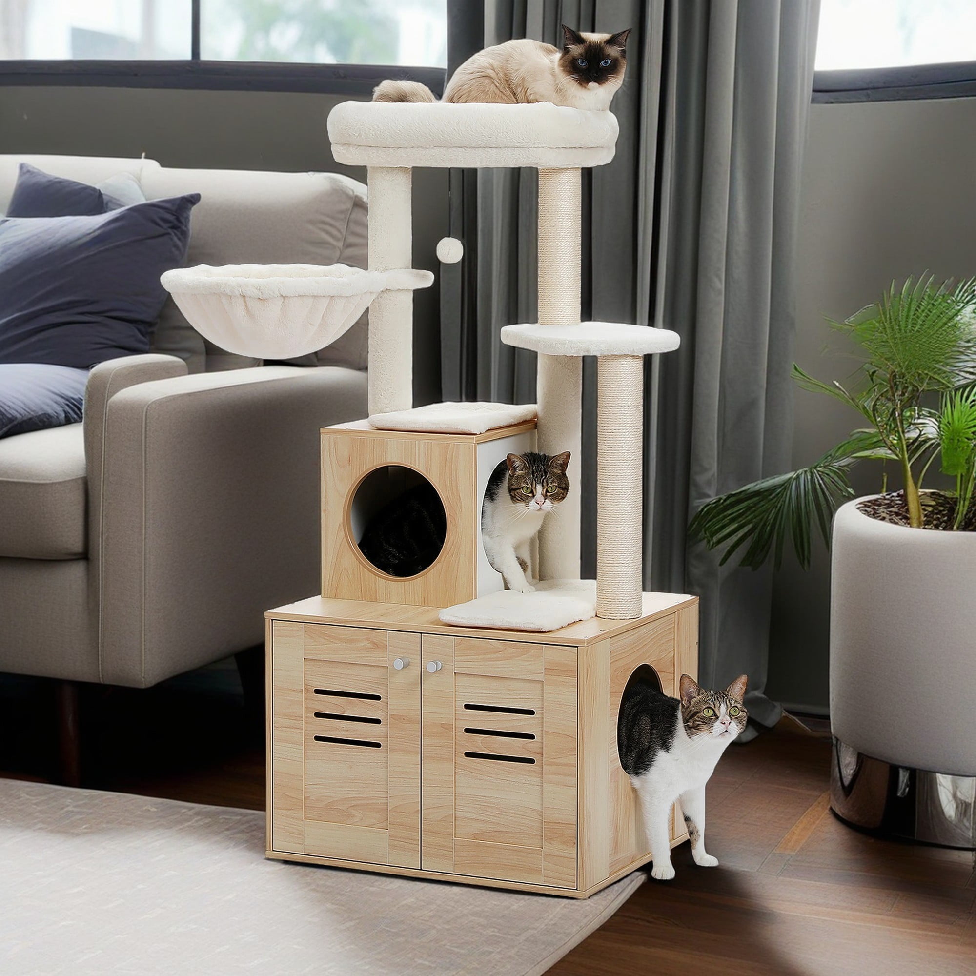 resenkos 50" Wood Cat Tree Tower for Adult Cats with Litter Box Included, Multi-Level Cat Condo for Indoor Cat Play House Activity Center with Scratching Post, Beige