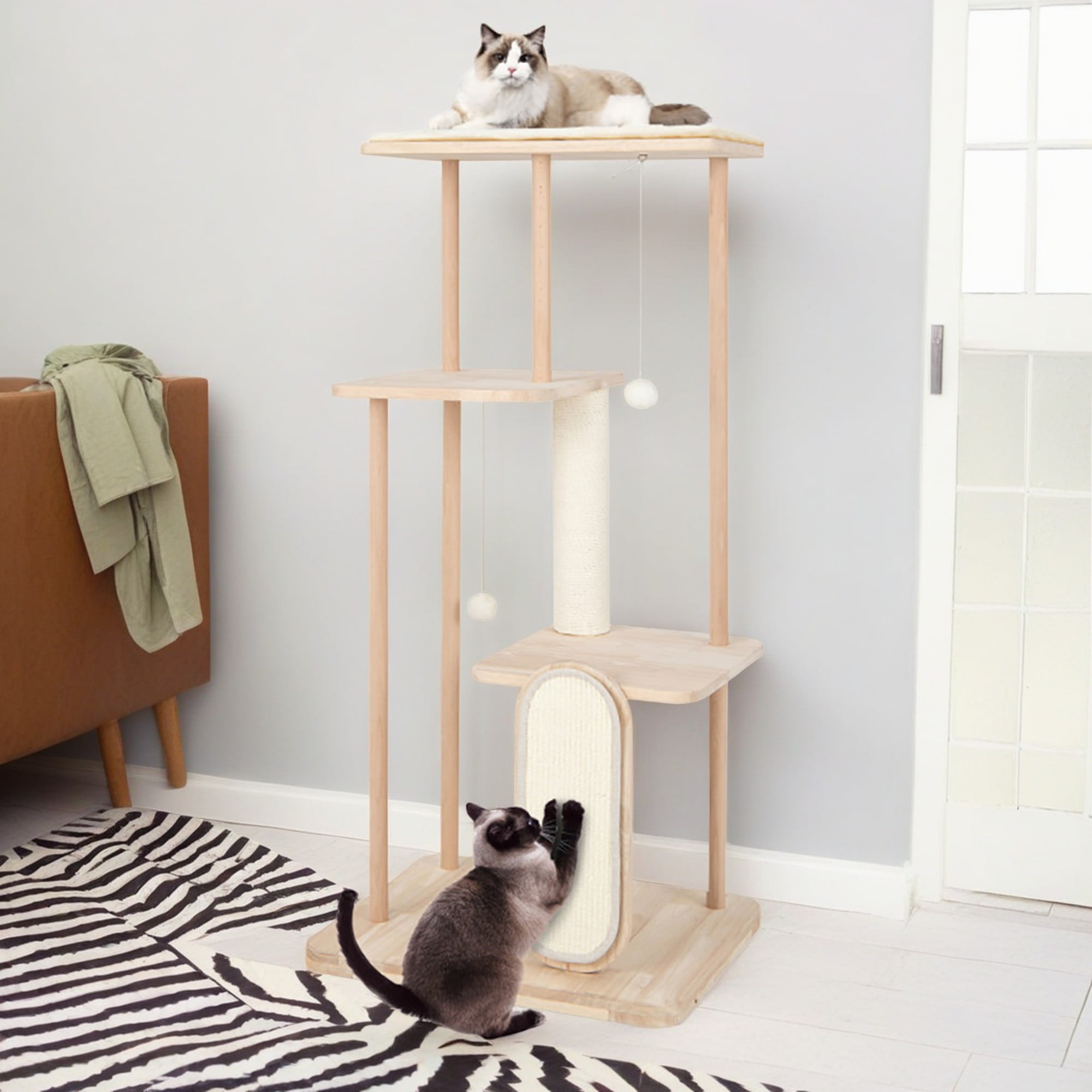 Kadyn 50" Wood Cat Tree Tower Furniture, Cat Condo with Scratching Board and Post for Kittens Cat Tree House, Beige