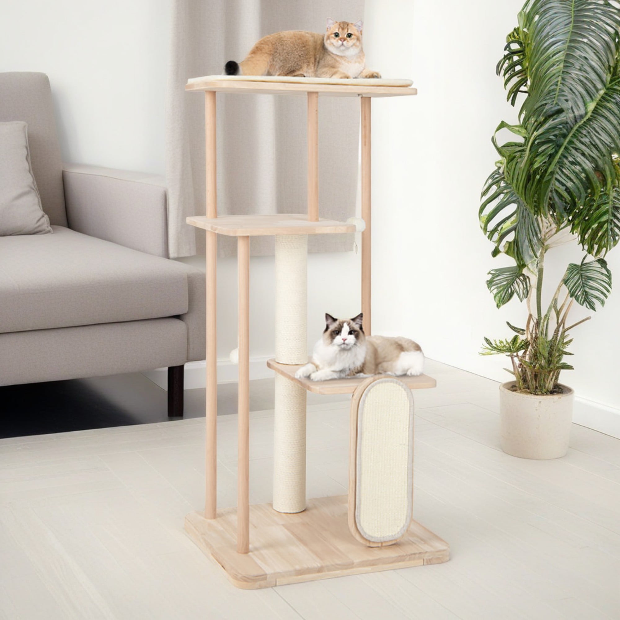 Kadyn 50" Wood Cat Tree Tower for Indoor Cats, Multi-Level Cat Condo with Scratching Board and Posts, Removable Soft Mat, Beige