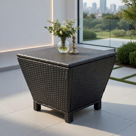 Demi Bonn 50x50x42cm Brown Gradient PE Wicker Storage Side Table 13 Gallon Foldable Outdoor End Table for Deck Balcony Pool, Brown