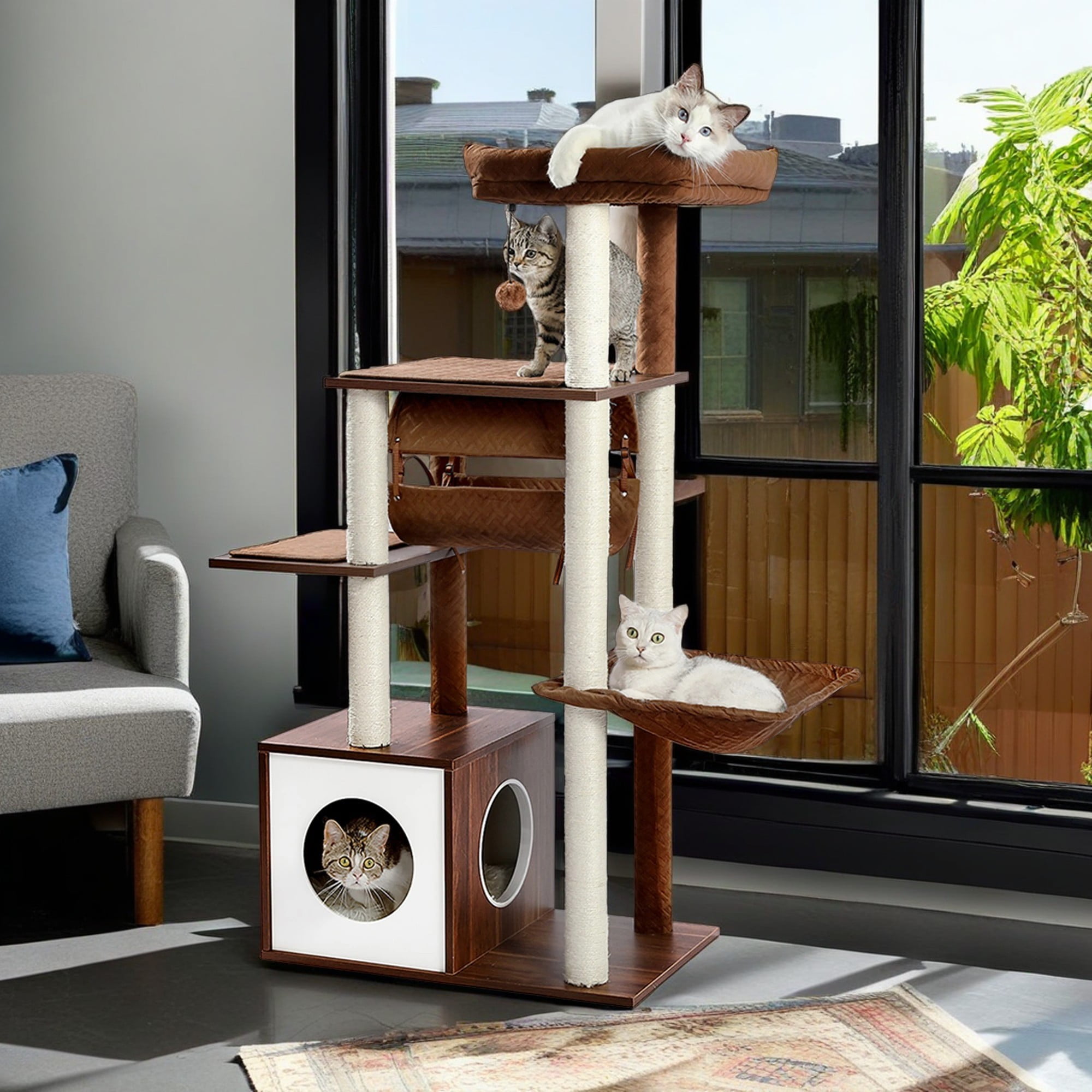 Kadyn 51.4" 6 Levels Cat Tree Wooden Cat Tower Cozy Cat Condo, Spacious Perch, Hammock and Swing Tunnel for Indoor Cats, Brown