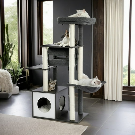 Demi Bonn 51.4" 6 Levels Cat Tree Wooden Cat Tower Cozy Cat Condo, Spacious Perch, Hammock and Swing Tunnel for Indoor Cats, Gray