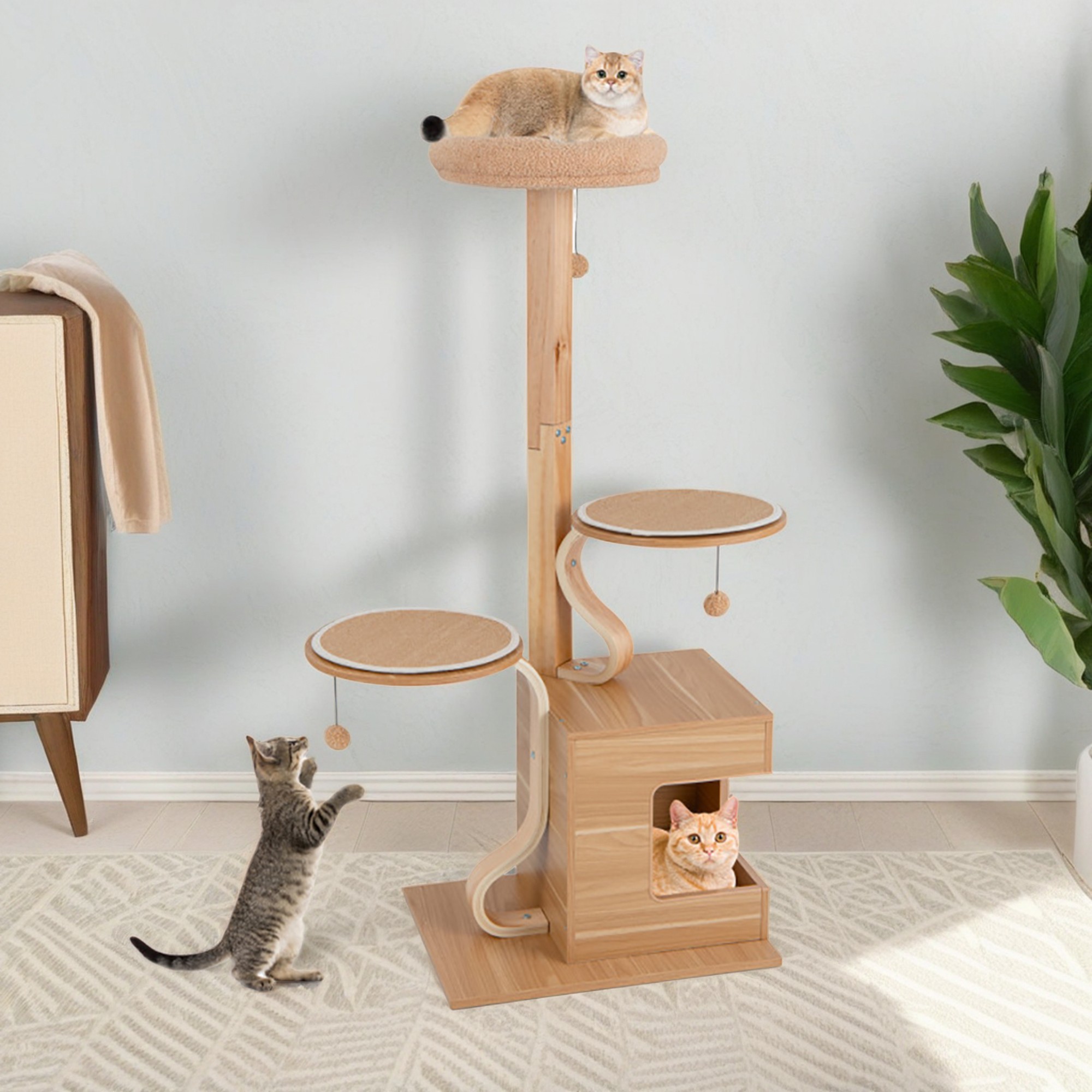 resenkos 51" 4-Layer Wood Cat Tree Tower for Indoor Cats with Condo and Washable Cushions, Cat Tree House for Kittens Climb Play, Rest, Beige