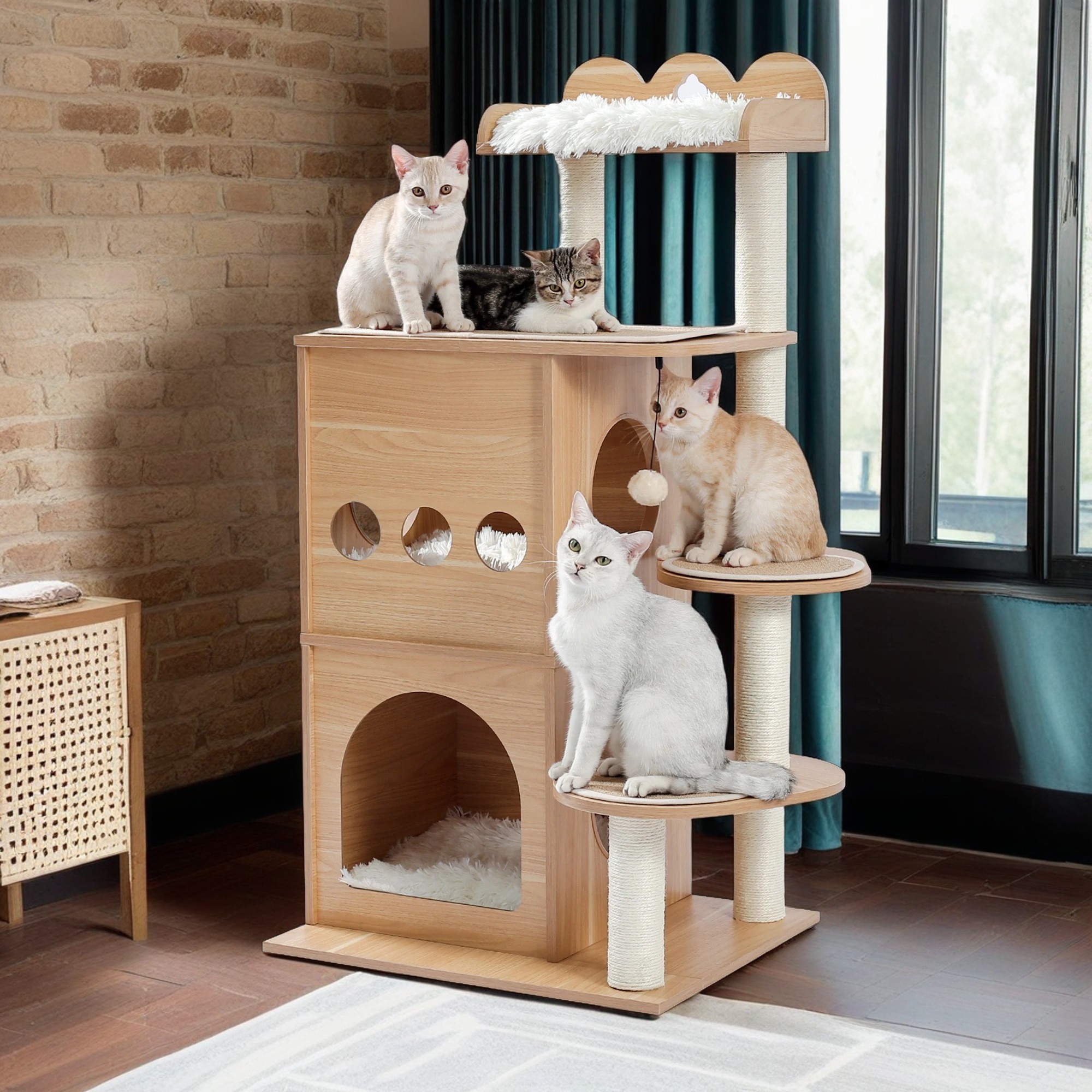 resenkos 51" Cat Tower for Large Cats Wood Multi-Level Cat Tree Tower Cat Sky Castle with Cozy Cat Condos, Luxury Perch and Dangling Toys Balls, Beige
