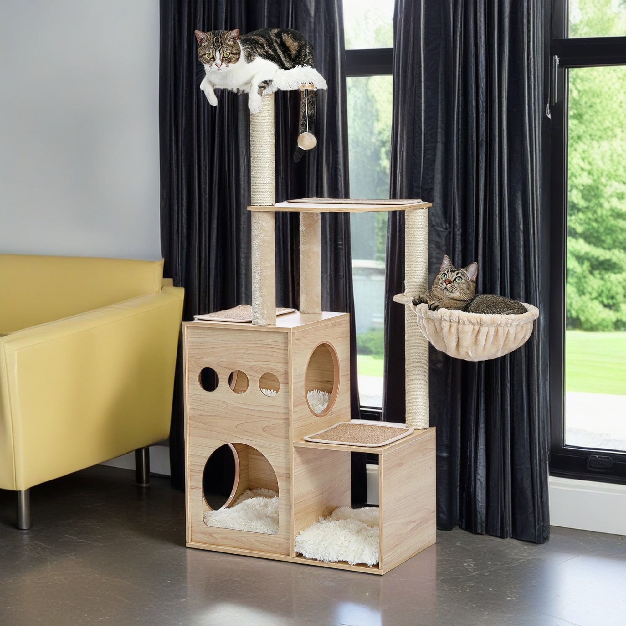 resenkos 51" Cat Tower for Large Cats Modern Wooden Cat Tree Multi-Level Cat Tree Tower Cat Sky Castle with Cozy Cat Condos, Beige