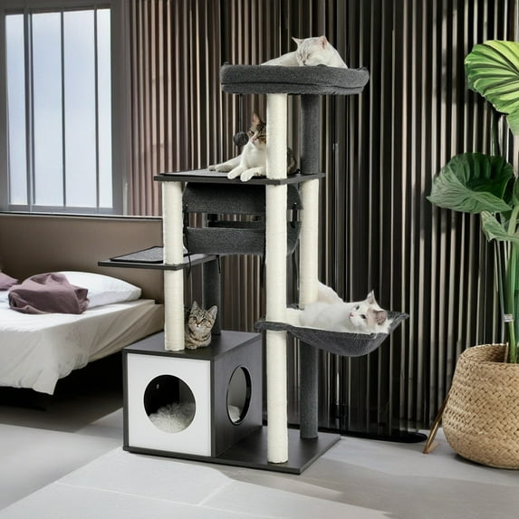Demi Bonn 51" Modern 6 Levels Cat Tree Tower with Sisal Scratching Posts, Cozy Condo, Spacious Perch, Hammock and Swing Tunnel for Indoor Cats, Gray