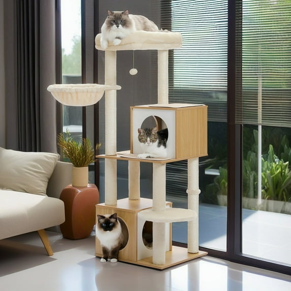 Demi Bonn 51" Modern Cat Tree Tower for Indoor Cats, Wood Condo with Hammock, Scratching Post and Removable Pads for Small Large Cats, Beige