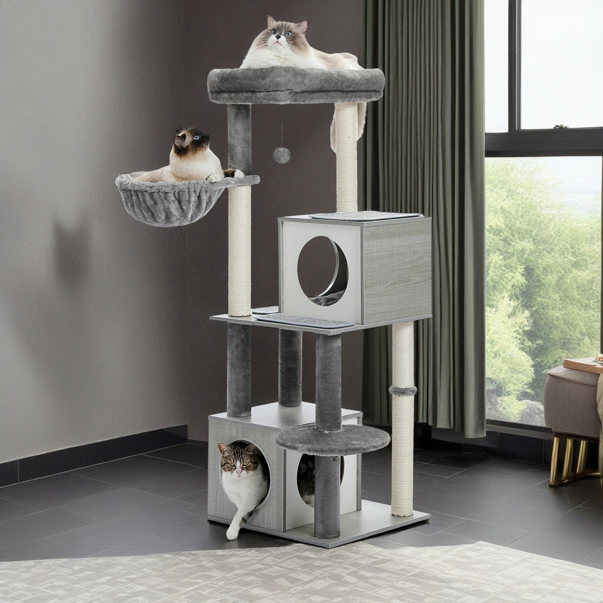 resenkos 51" Modern Cat Tree Tower for Indoor Cats, Wood Condo with Hammock, Scratching Post and Removable Pads for Small Large Cats, Gray