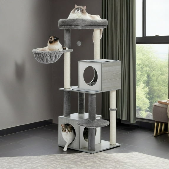 Demi Bonn 51" Modern Cat Tree Tower for Indoor Cats, Wood Condo with Hammock, Scratching Post and Removable Pads for Small Large Cats, Gray