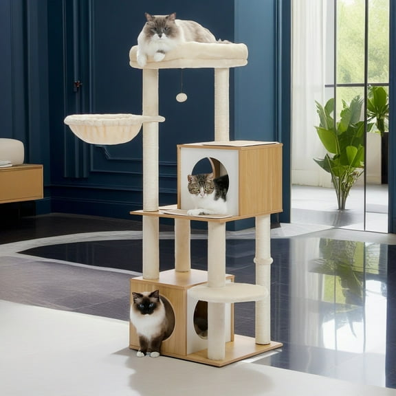 Demi Bonn 51" Modern Cat Tree for Large Cat, Wood Cat Tower with Scratch Post for Indoor Big Cats, Cat Condo for Kittens, Beige