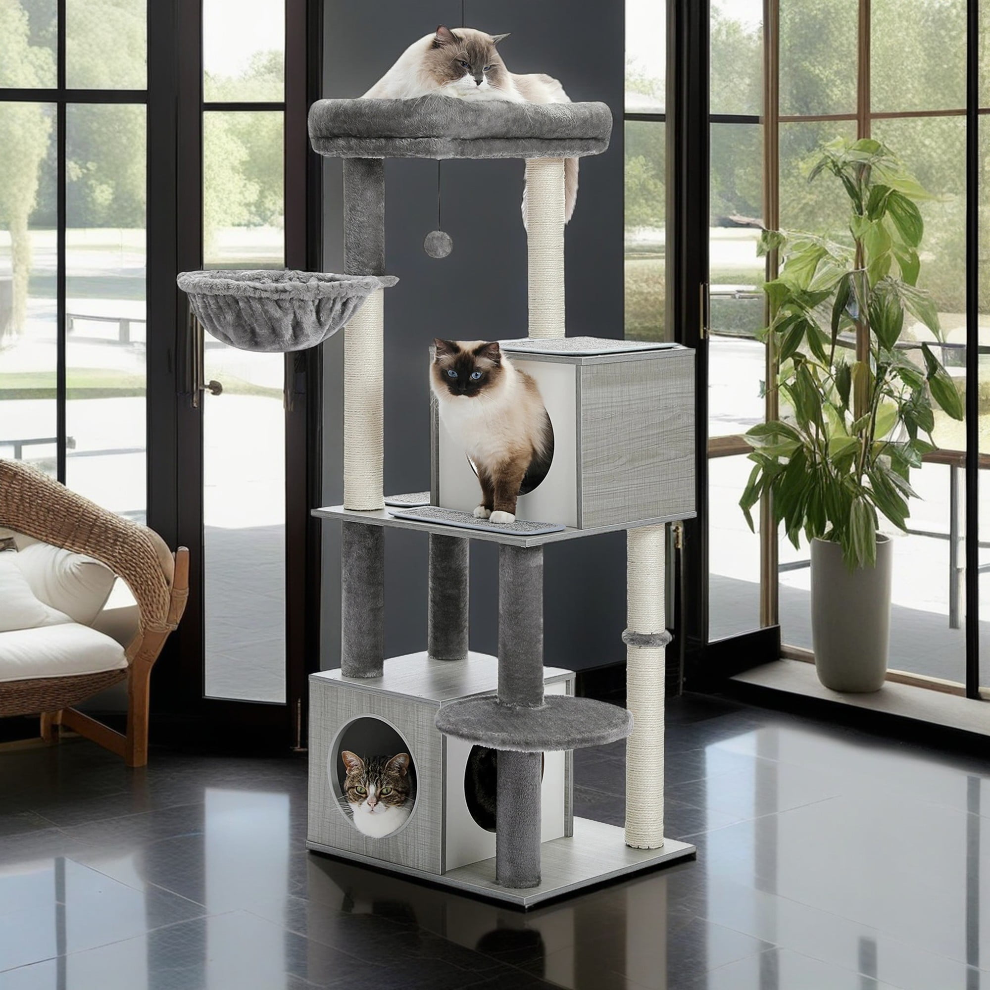 Kadyn 51" Modern Cat Tree for Large Cat, Wood Cat Tower with Scratch Post for Indoor Big Cats, Cat Condo for Kittens, Gray