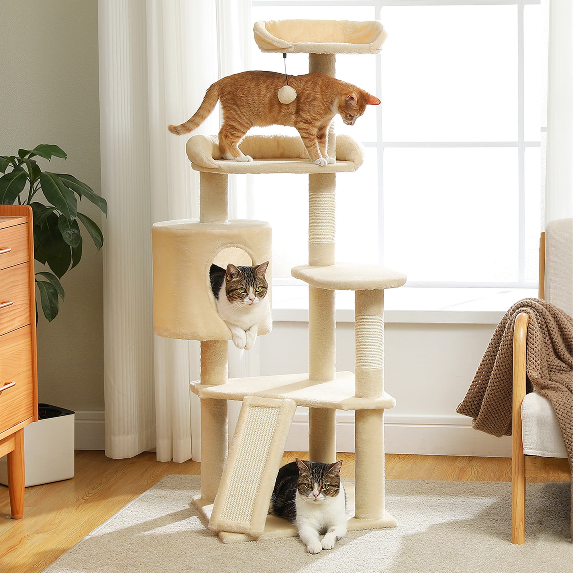 Beige Multi-Level Cat Tree Tower with Condo and Scratching Board