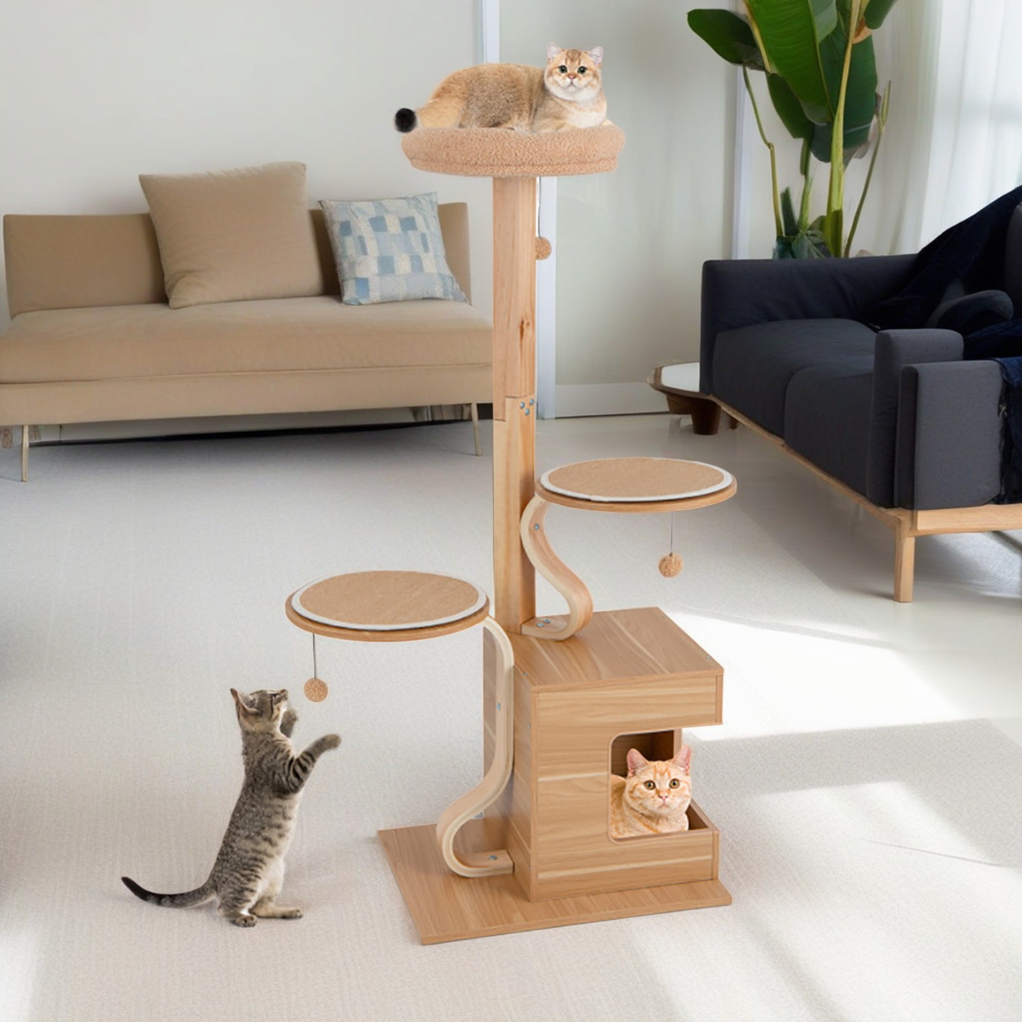 resenkos 51" Multi-level Wood Cat Tree Tower with Washable Cushions for Indoor Cats, Featuring with Cat Condo for Kittens and Cats, Beige