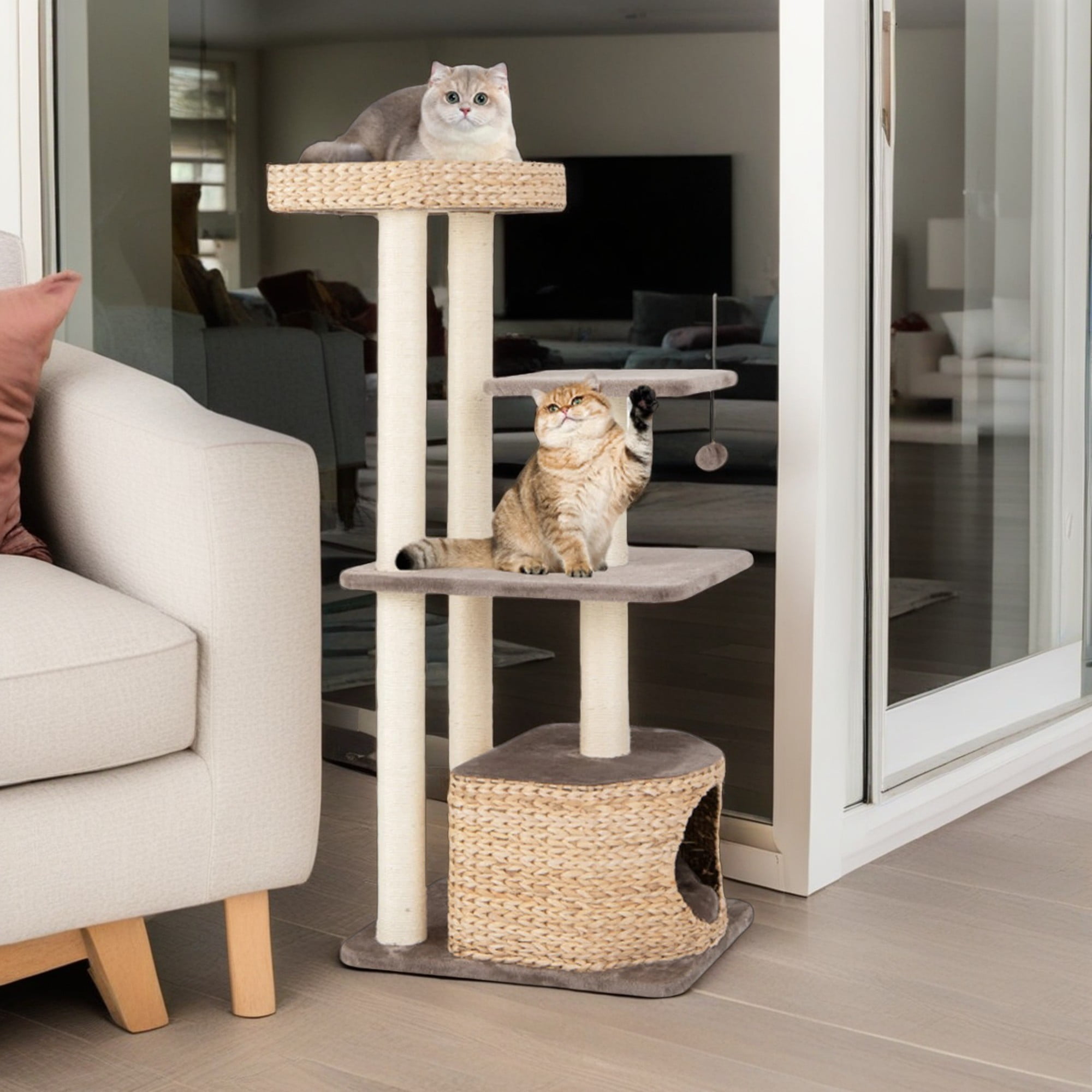 Kadyn 52" Cat Tree Tower for Indoor Cats, Cat Condo for Large Cats, Modern Cat Tree House Manual Hand Woven with Sisal, Cat Scratching Post, Beige