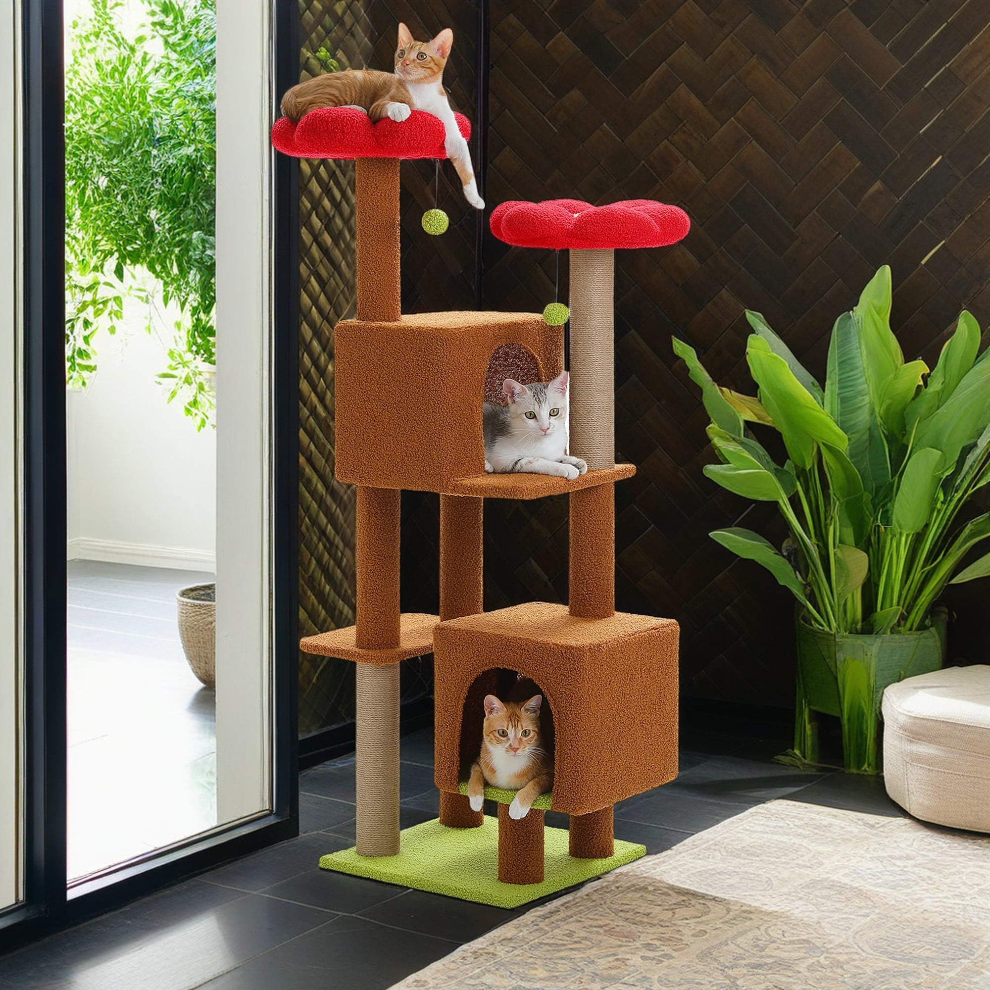 Kadyn 52" Cat Tree Tower with 2 Scratching Posts, 2 Perches, 2 Caves, Pompoms, Multi-Level Plush Cat Condo for Indoor Cats, Brown