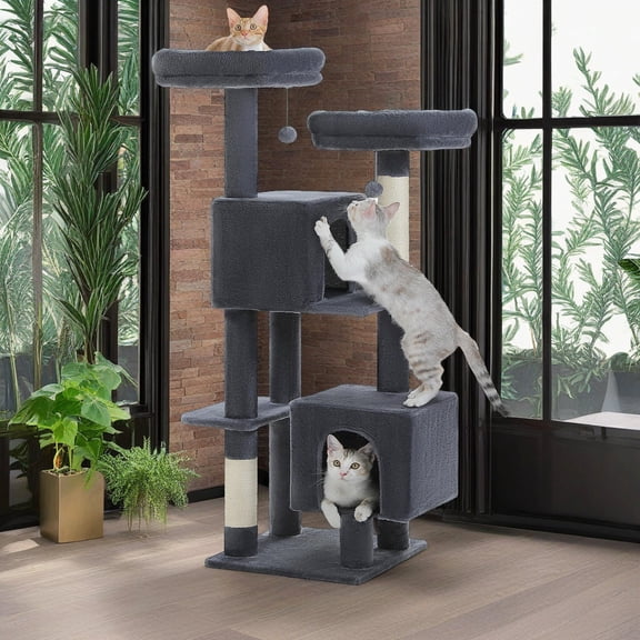 Demi Bonn 52" Cat Tree Tower with 2 Scratching Posts, 2 Perches, 2 Caves, Pompoms, Multi-Level Plush Cat Condo for Indoor Cats, Gray