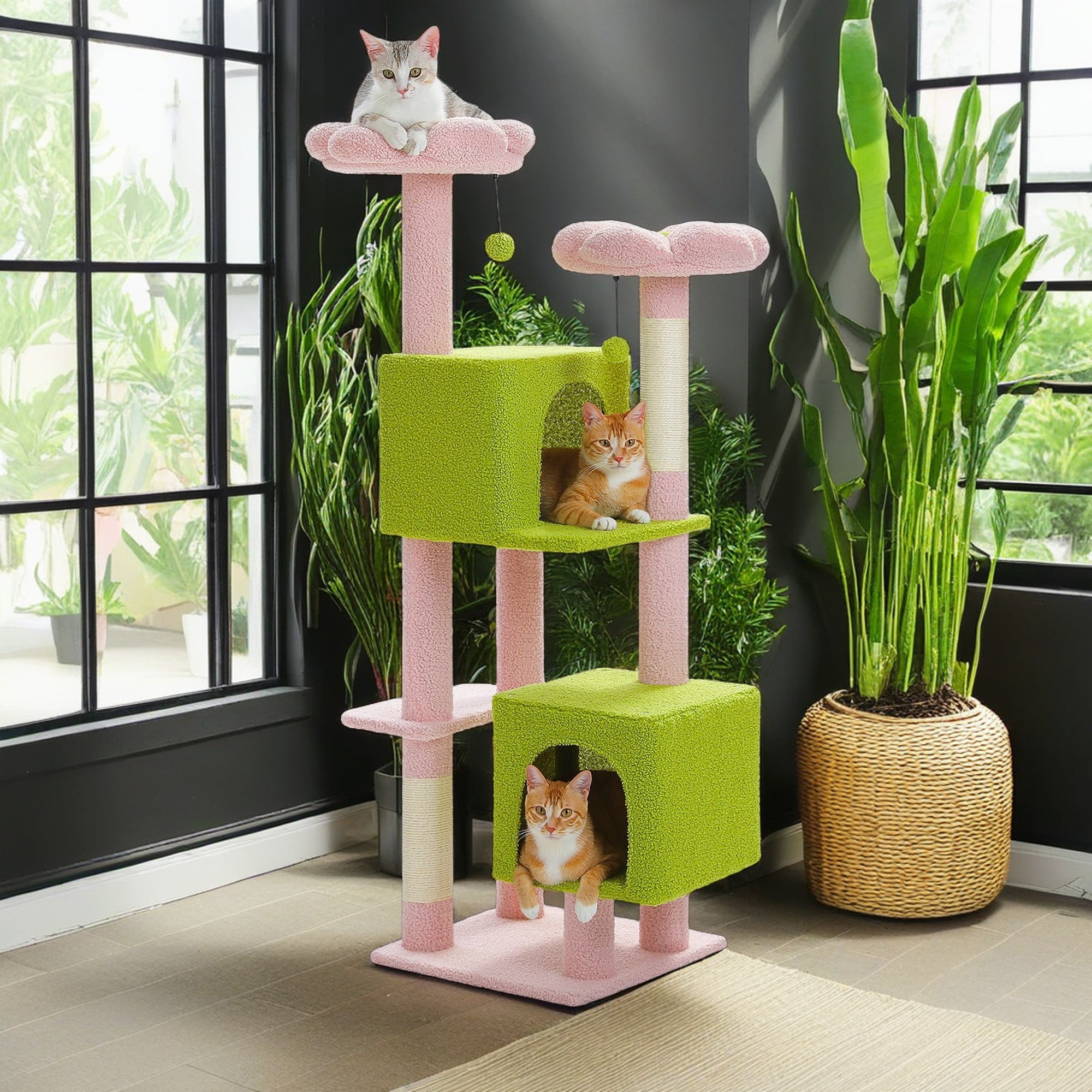 resenkos 52" Cat Tree Tower with 2 Scratching Posts, 2 Perches, 2 Caves, Pompoms, Multi-Level Plush Cat Condo for Indoor Cats, Pink