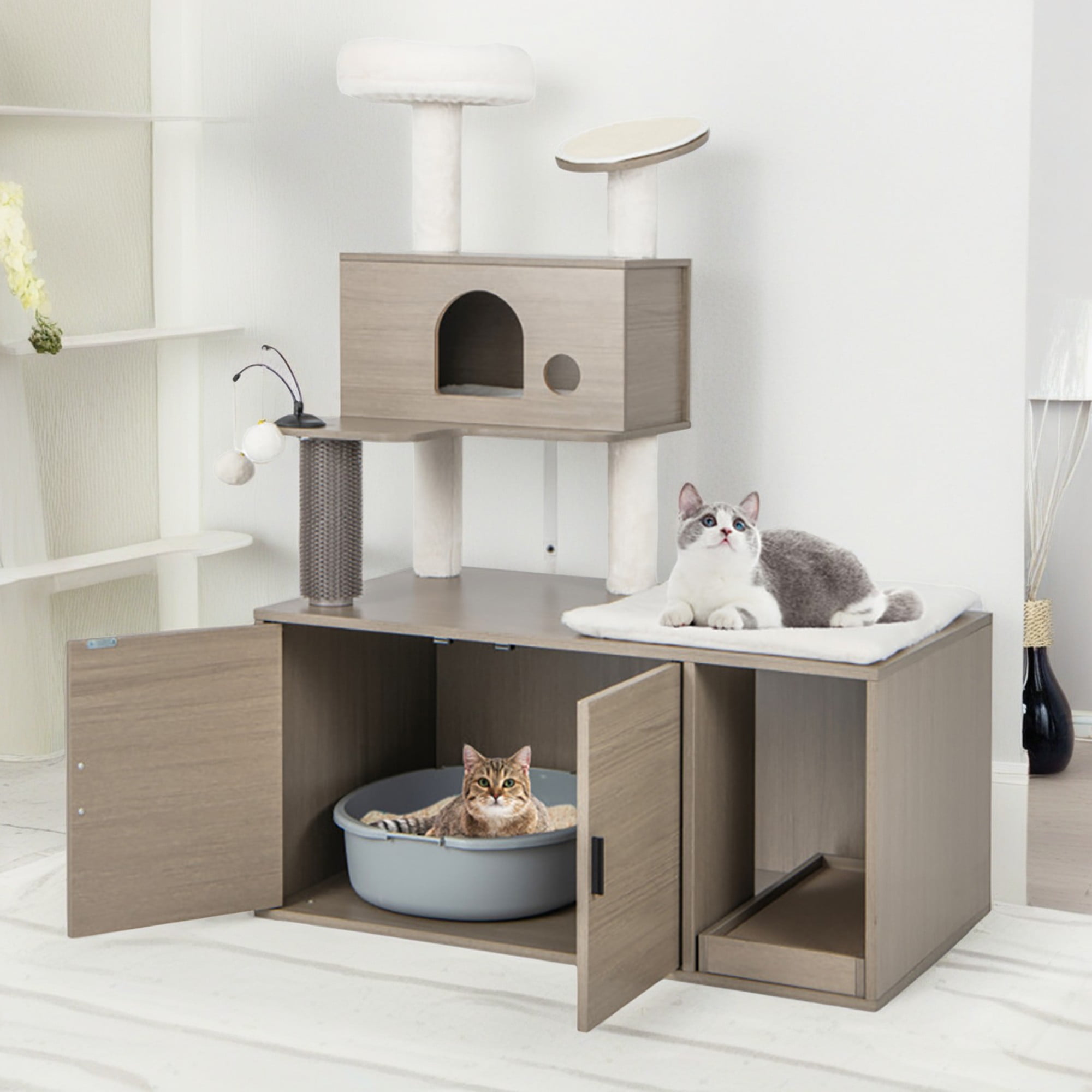 Kadyn 52" Cat Tree Tower with Litter Box Enclosure, 2-in-1 Modern Cat Tower, Cat Condo with Scratching Posts and Board, Gray