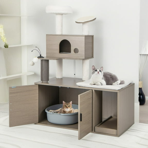 Demi Bonn 52" Cat Tree Tower with Litter Box Enclosure, 2-in-1 Modern Cat Tower, Cat Condo with Scratching Posts and Board, Gray