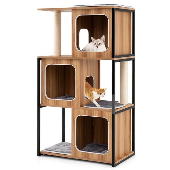Demi Bonn 52" Cat Tree Tower with Private Condos for Indoor Cats, Multifunctional Plush Cat House with Metal Frame and Scratching Posts, Brown