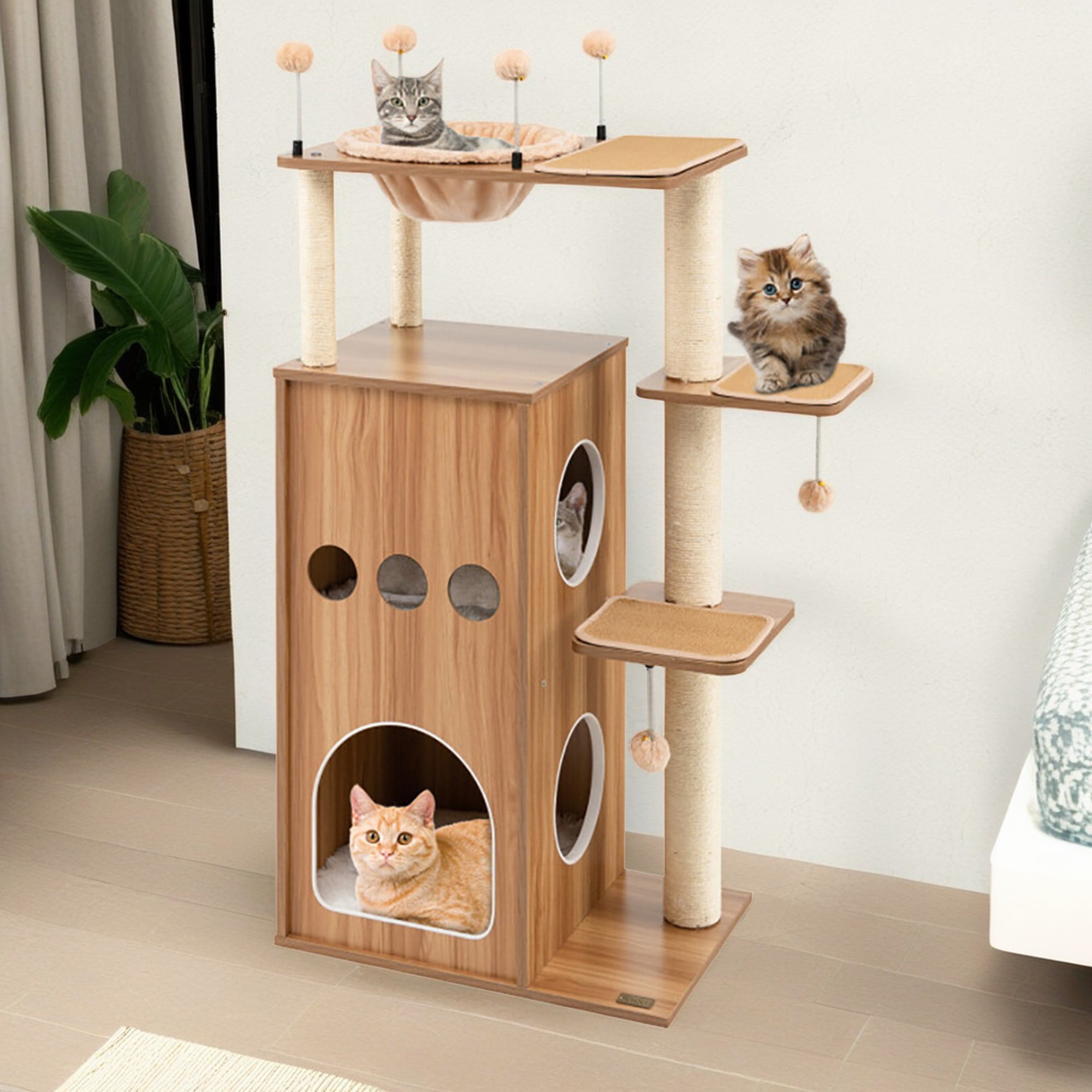 Kadyn 52" Cat Tree Tower with Wood 2 Level Cat Condos, Large Perch and Totally Wrapped Sisal Posts, Modern Cat Tree House, Beige