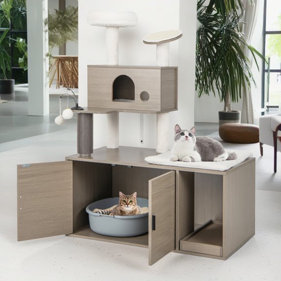 Demi Bonn 52" Cat Tree with Wood Litter Box Enclosure, All-in-one Indoor Cat Furniture with Large Platform and Condo, Modern Style Cat Tower, Gray