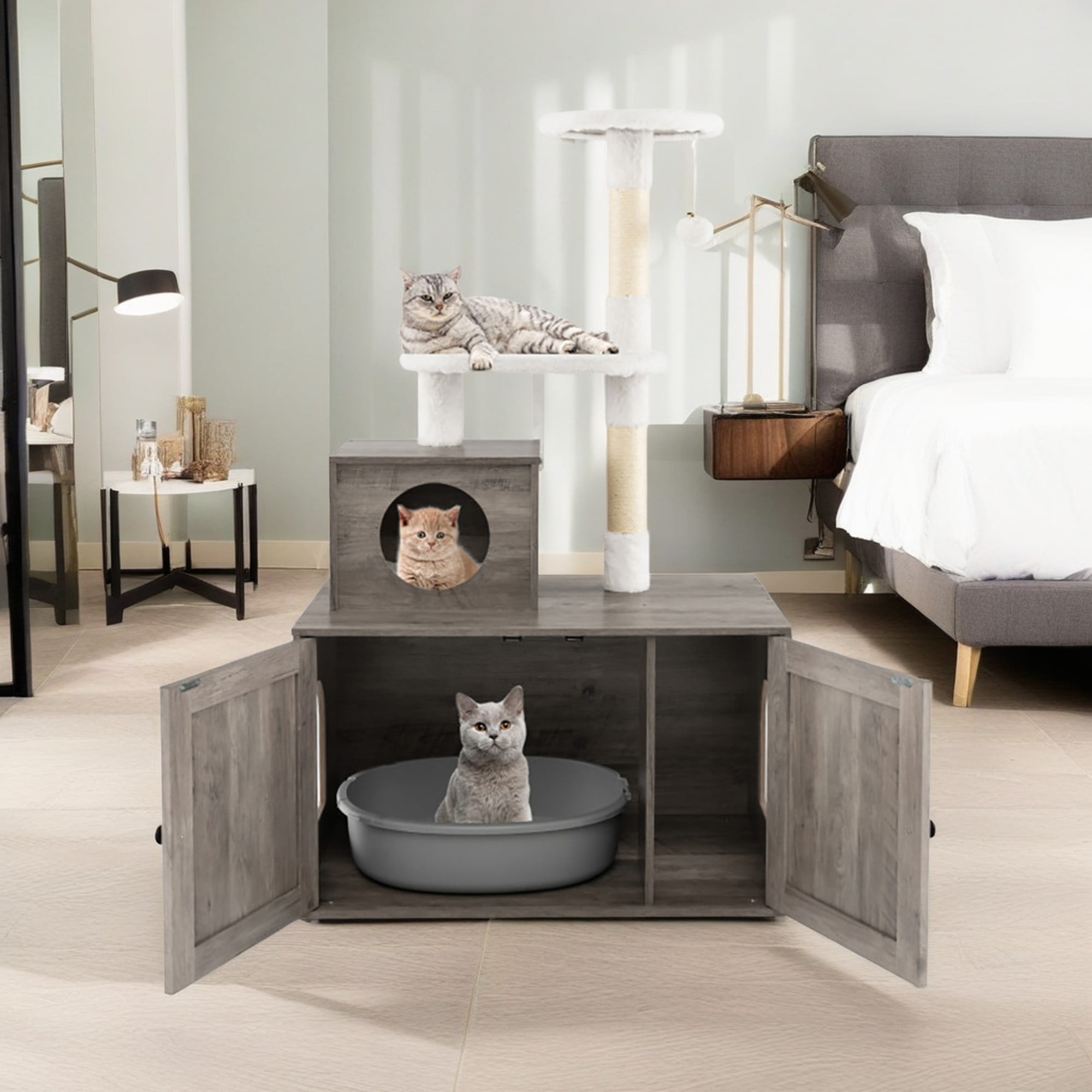 Kadyn 52" Cat Tree with Wood Litter Box Enclosure, All-in-one Indoor Cat Furniture with Large Platform and Condo, Modern Style Cat Tower, Gray