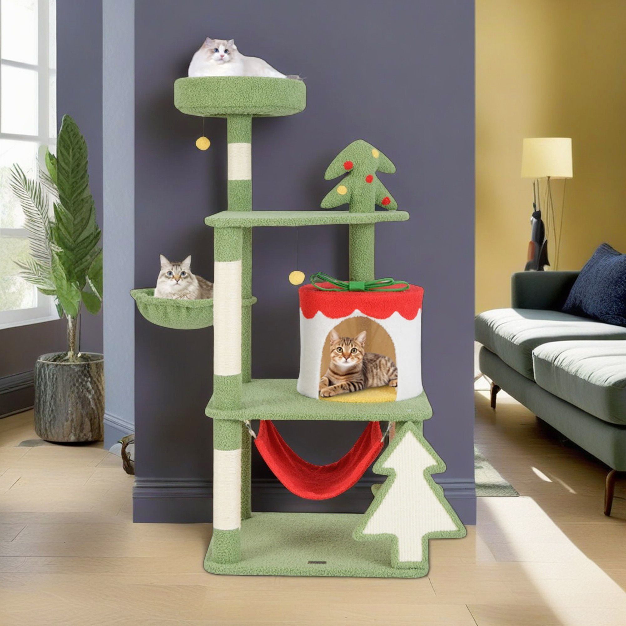 Kadyn 52" Christmas Decor Cat Tree Tower for Indoor Cats, Multi-Level Cat Climbing Tower with Cat Condos, Top Perches, Hammock, Green
