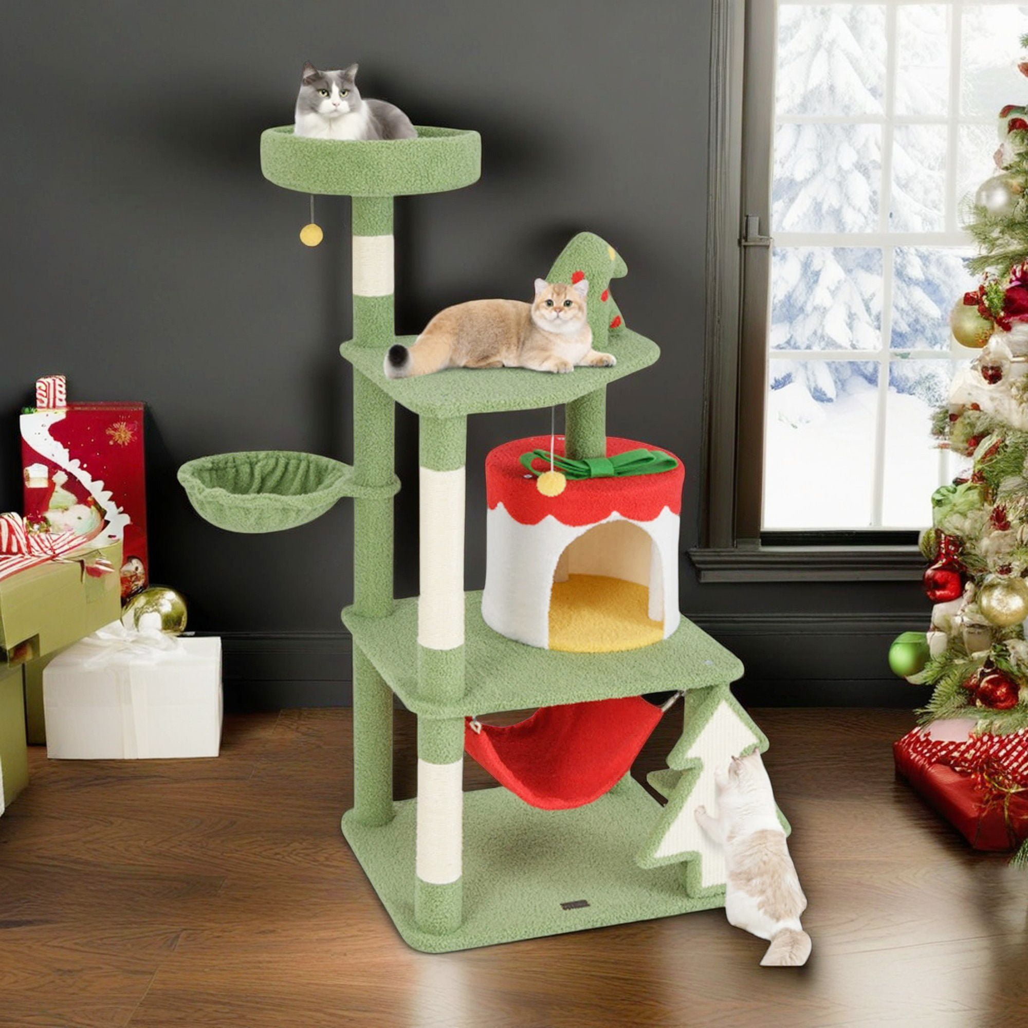 Kadyn 52" Cute Christmas Cat Tree with Sisal Scratching Posts and Board, Multi-Level Cat Tower with Gift Box Shaped Condo, Kittens Play Activity Center, Green