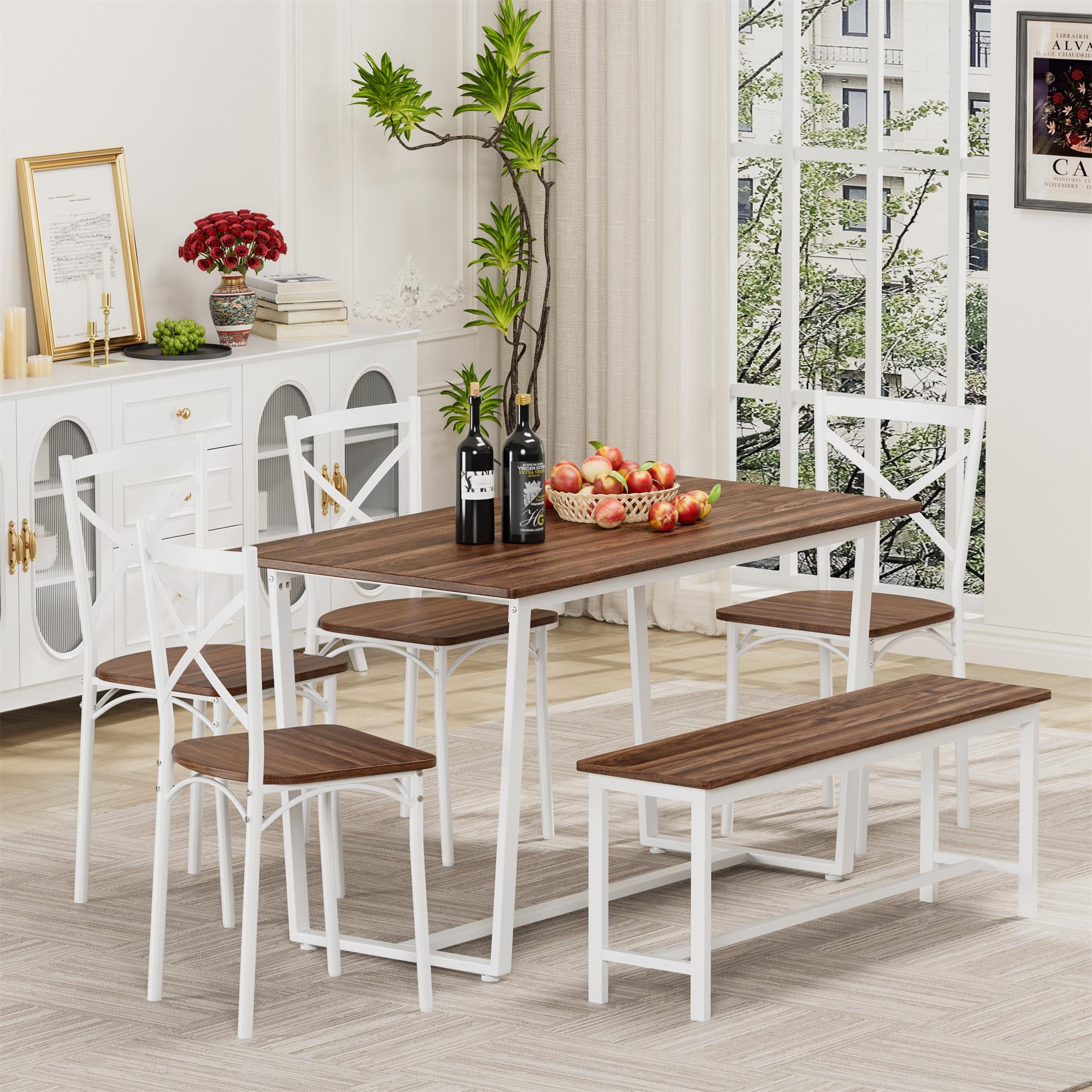 Demi Bonn 52" Dining Table and Chairs Set of 6 with Metal Frame, 6-Piece Breakfast Table with 4 Chairs and Stools for Small Space, Brown