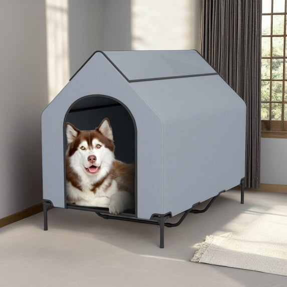 Demi Bonn 52" Dog House for Large Dogs Indoor or Outside, Weatherproof 600D PVC Dog Kennel Outdoor with Ventilated Windows, Elevated Dog Cooling Bed, Gray