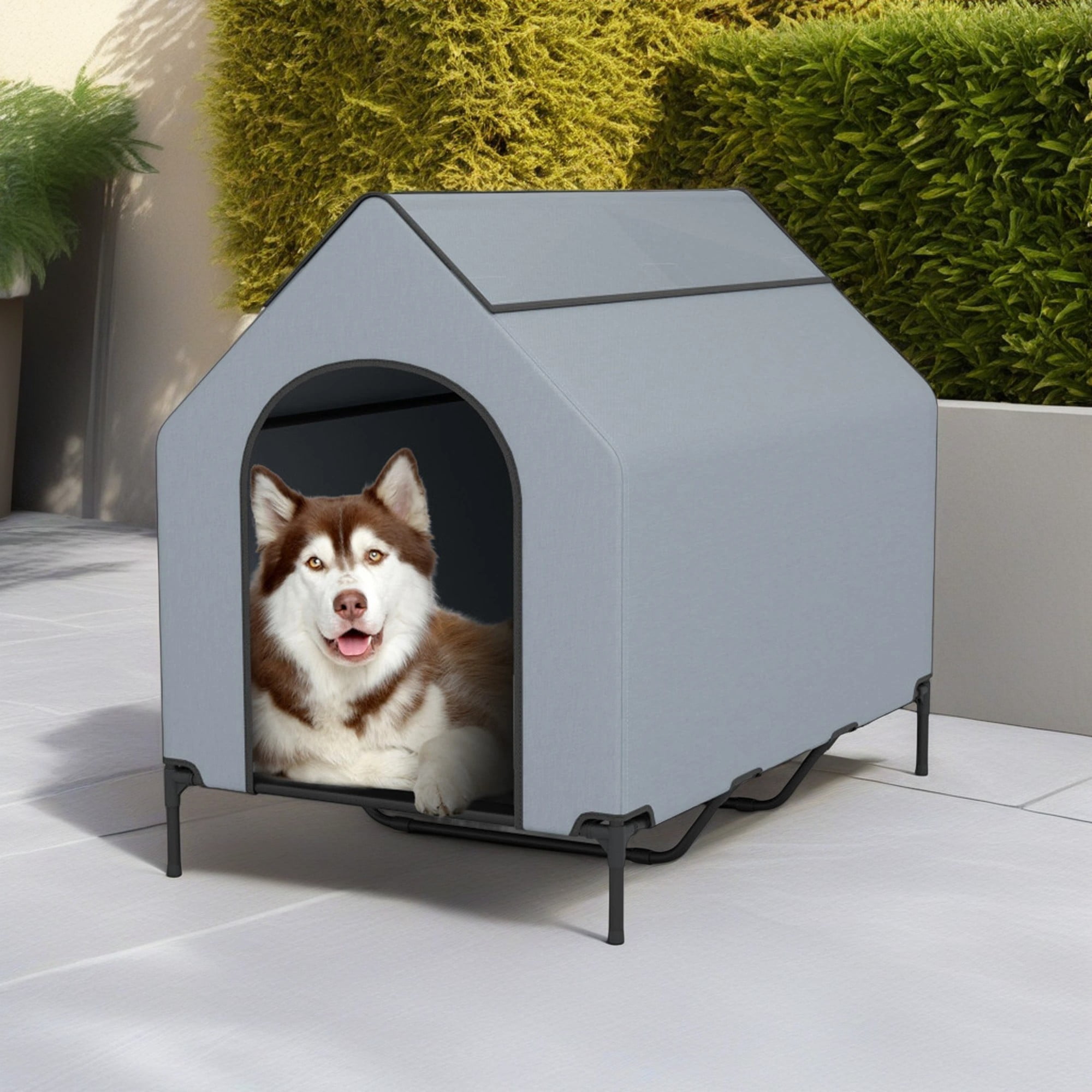 Demi Bonn 52" Dog House for Large Dogs, Outside Elevated Dog Bed, Weatherproof Dog Kennel for Indoor and Outdoor, Portable Dog Shelter Cot with Ventilated Windows, Gray