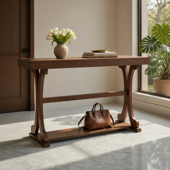 Demi Bonn 52 Inch Vintage Narrow Console Table with Open Shelf & Curved Legs, Solid Wood Entryway Table with Anti-Tip Kit, Walnut & Black