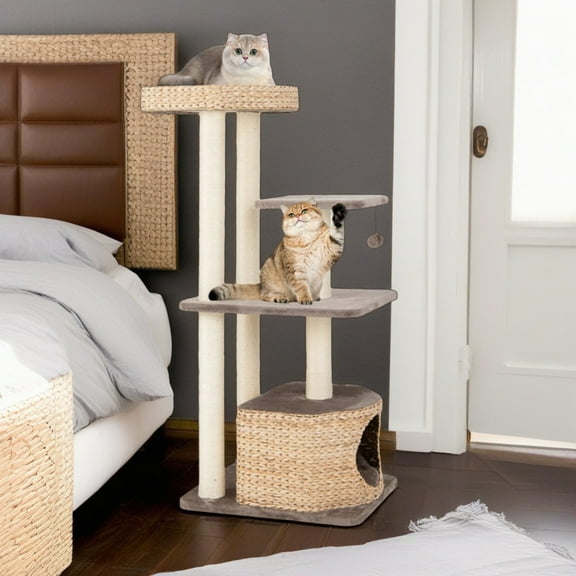 Demi Bonn 52" Modern Cat Tree Tower for Indoor Cats w/Natural Sisal Scratching Posts, Hand-Woven Condo and Top Perch, Cat Tree House for Kittens Climb Play, Beige